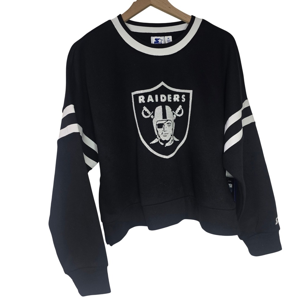 Starter Black Las Vegas Raiders Rally Drop Shoulder Cropped Sweatshirt Women M